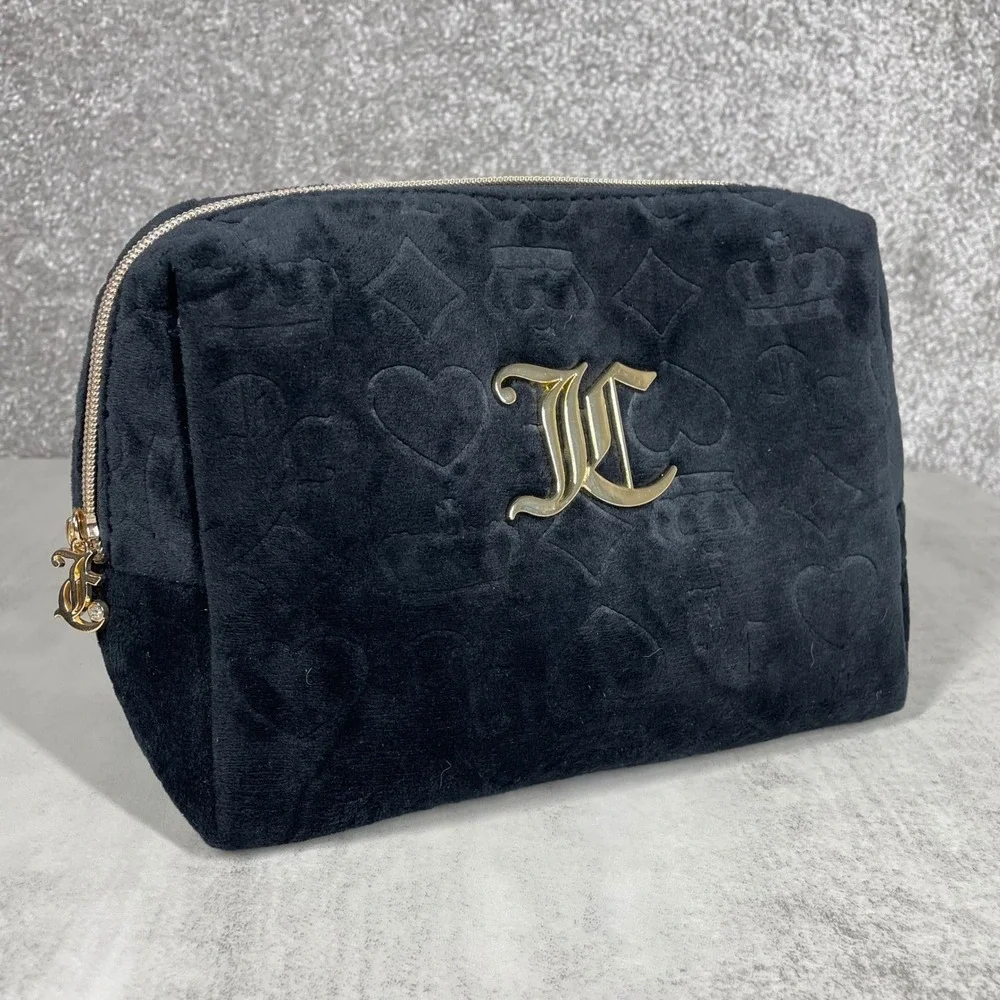 Juicy Couture Velour Makeup Bag Y2K Embossed Monogram Cosmetic Pouch Black Gold